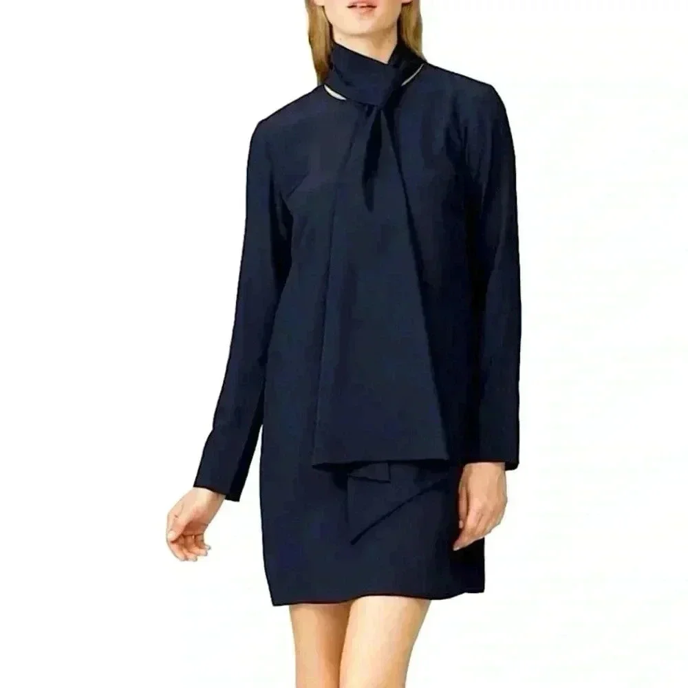 Tibi New Silk Crepe Tie Neck Mini Dress Size 6 Cocktail Party 70s Retro Office